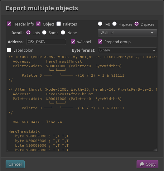 screenshot of the export ASM modal dialog